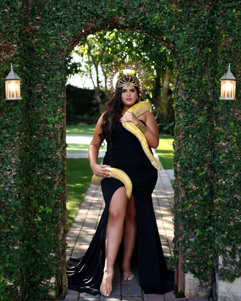 Black fitted gown with thigh slit available to rent in Orlando, FL