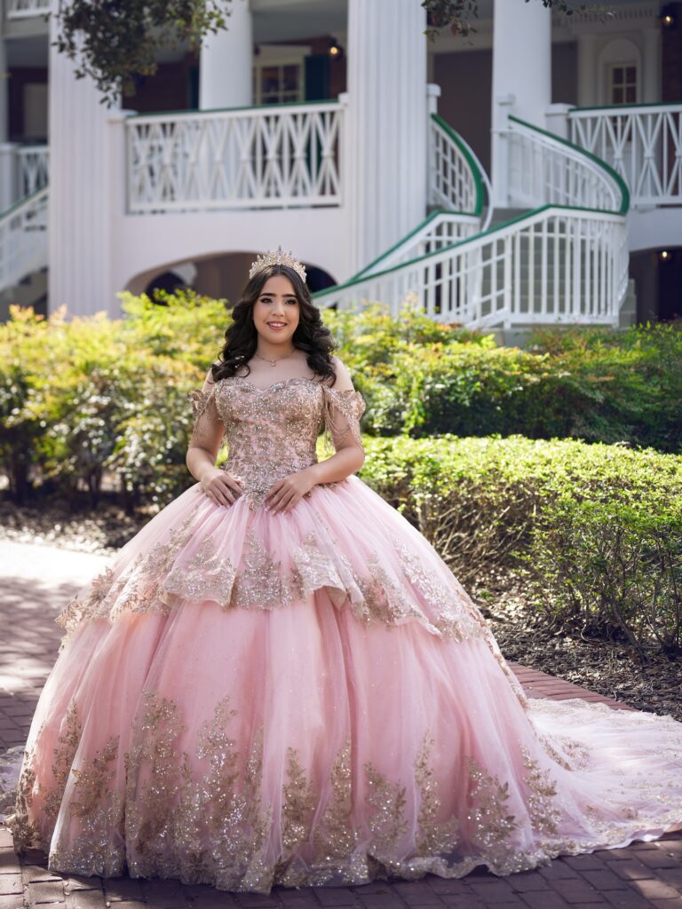 Blush pink and gold lace quinceañera dress available to rent in Orlando, FL
