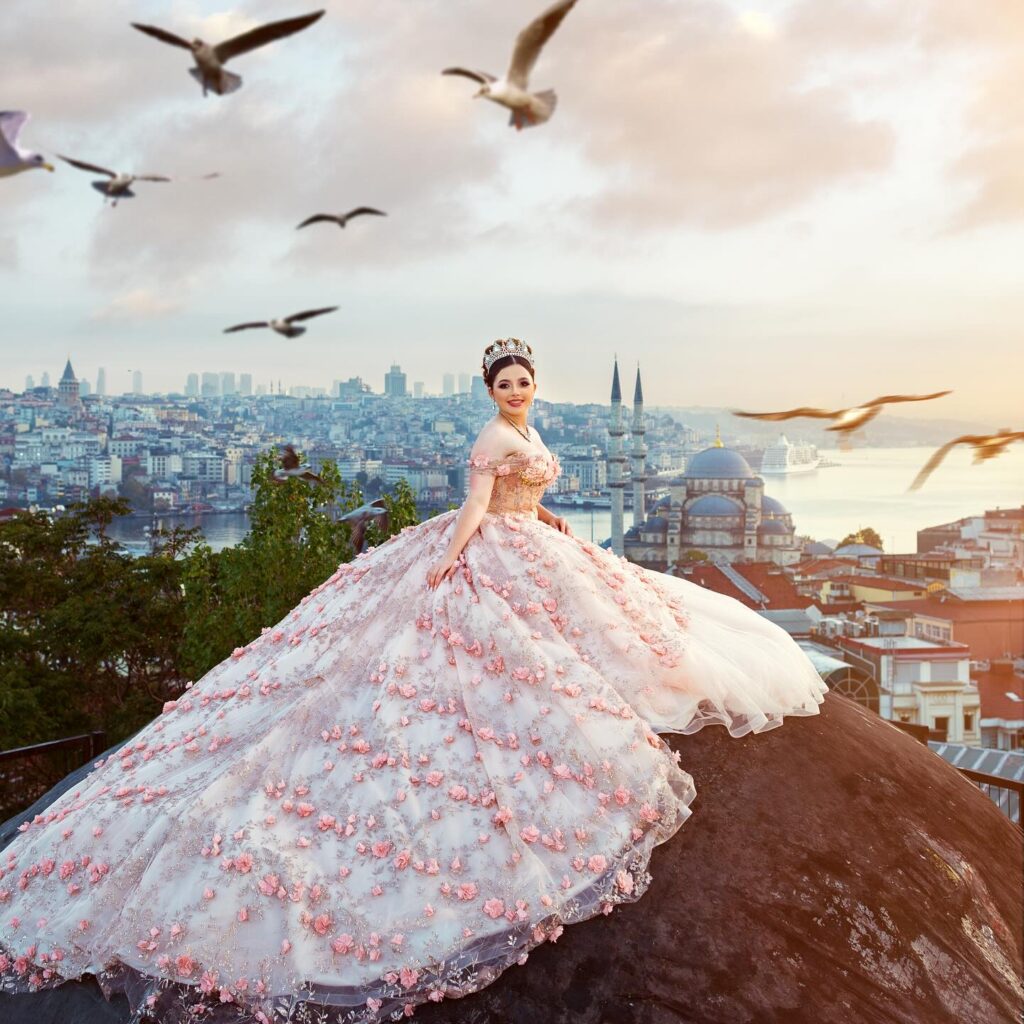 Blush pink floral quinceañera ball gown available to rent in Orlando, FL