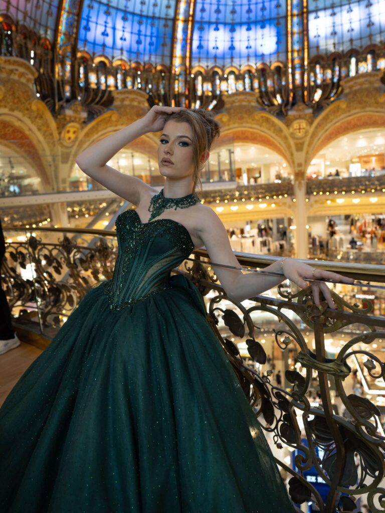 Emerald green corset quinceañera dress available to rent in Orlando, FL