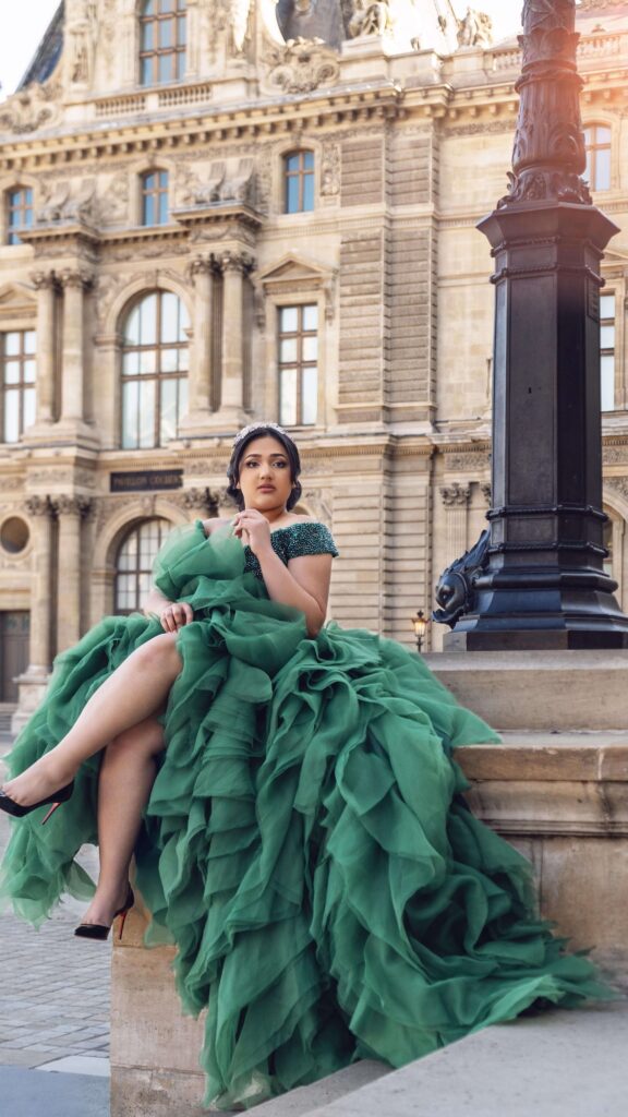 Emerald green ruffled gown available to rent in Orlando, FL