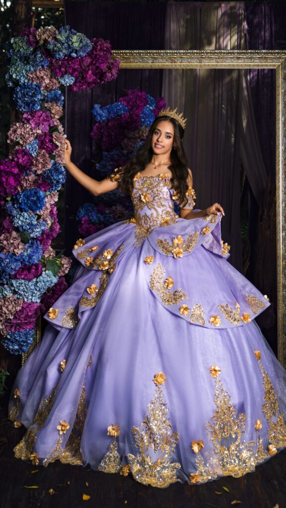 Purple and gold floral peplum quinceañera ball gown available to rent in Orlando, FL