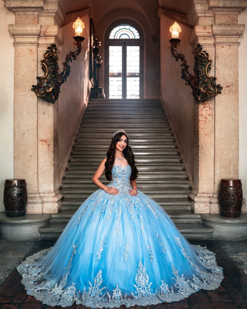 Light blue quinceañera ball gown available to rent in Orlando, FL