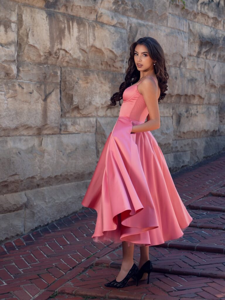 Pink satin tea-length party dress available to rent in Orlando, FL