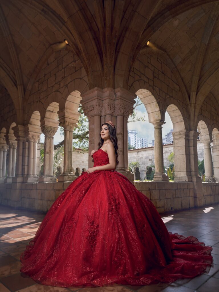 Red quinceañera ball gown available to rent in Orlando, FL