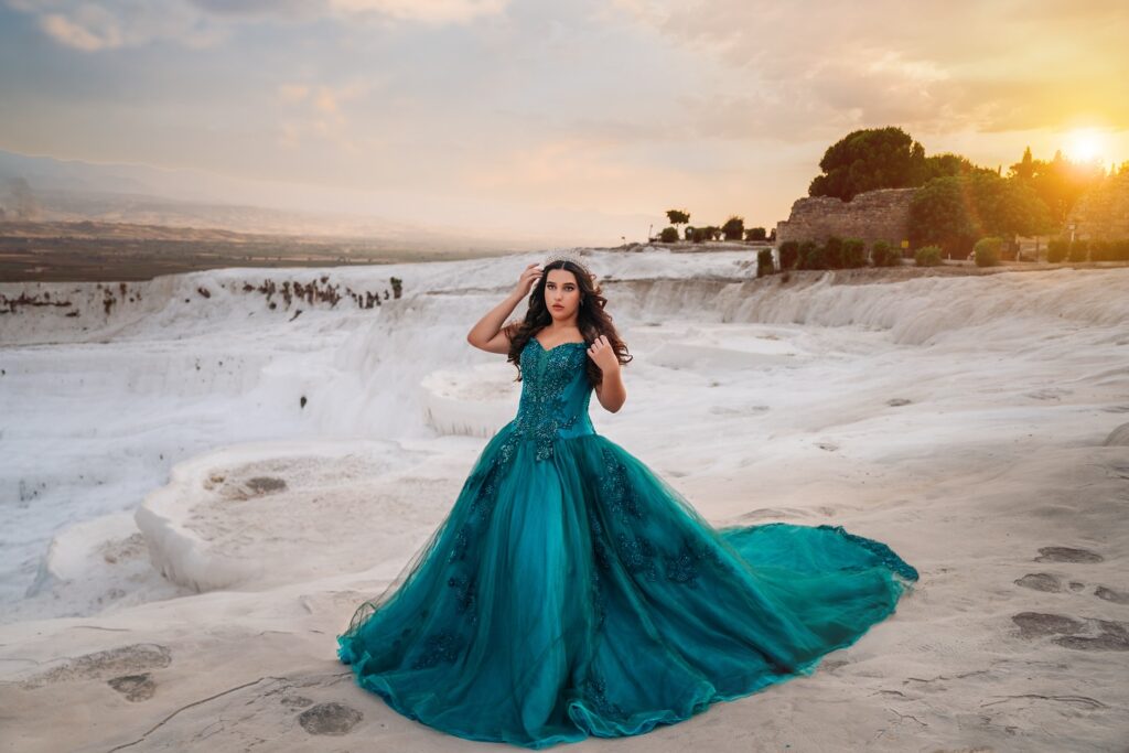 Teal green quinceañera ball gown available to rent in Orlando, FL