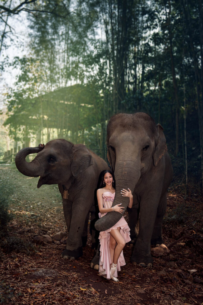 Quinceañera seated with two elephants in a bamboo forest at an ethical sanctuary in Thailand