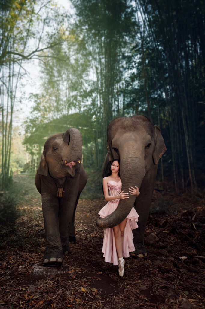 Quinceañera in a pink dress embraced by an elephant's trunk in Thailand