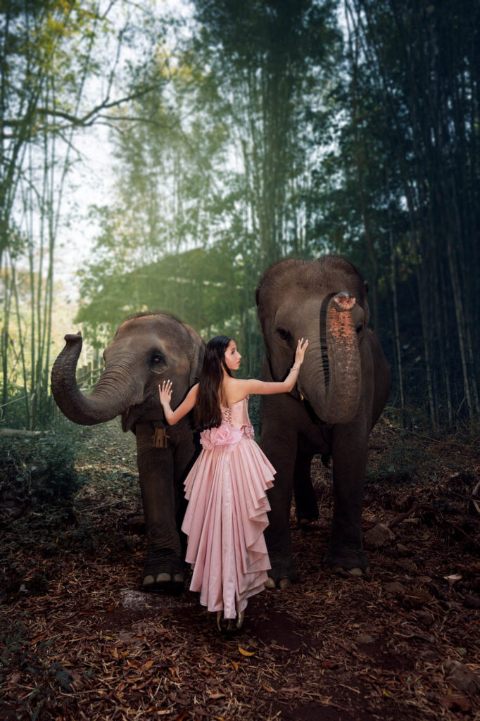 Quinceañera in a pink ruffle dress with elephants in a bamboo forest in Thailand