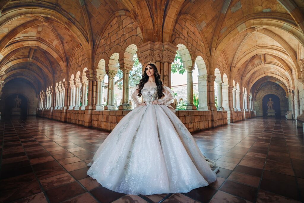 White ivory quinceañera ball gown available to rent in Orlando, FL