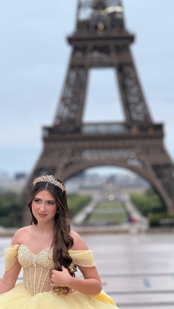 Yellow quinceañera dress with tiara available to rent in Orlando, FL